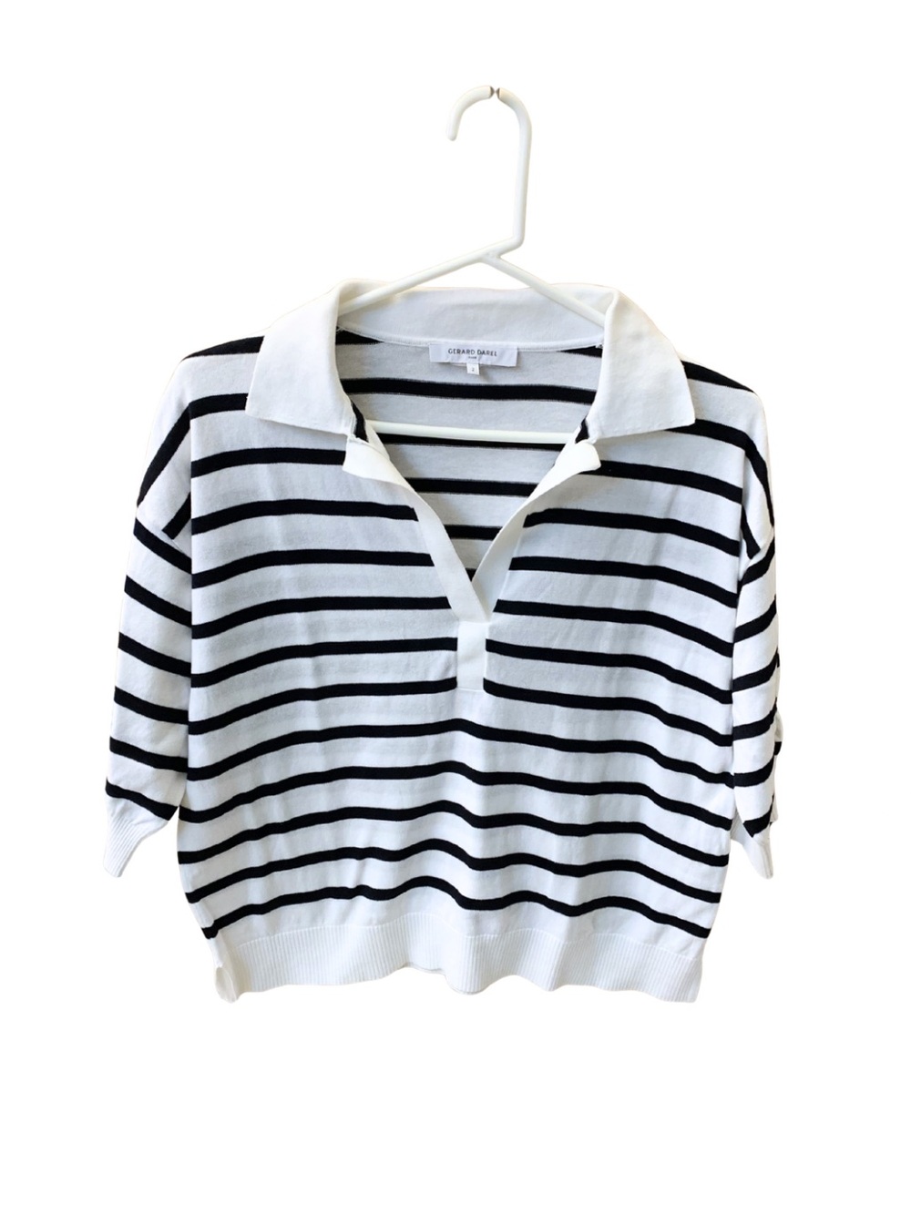 Gerard Darel Oversized Striped Polo Sweater Top White Black Classic Preppy Luxe
